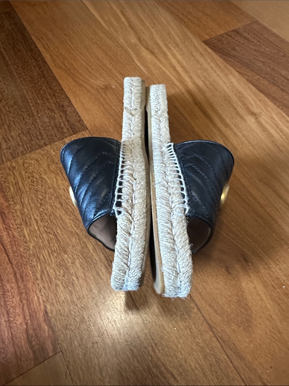 Gucci Black Quilted Leather GG Espadrille Slide Mules with Gold Logo - Picture 4 of 5